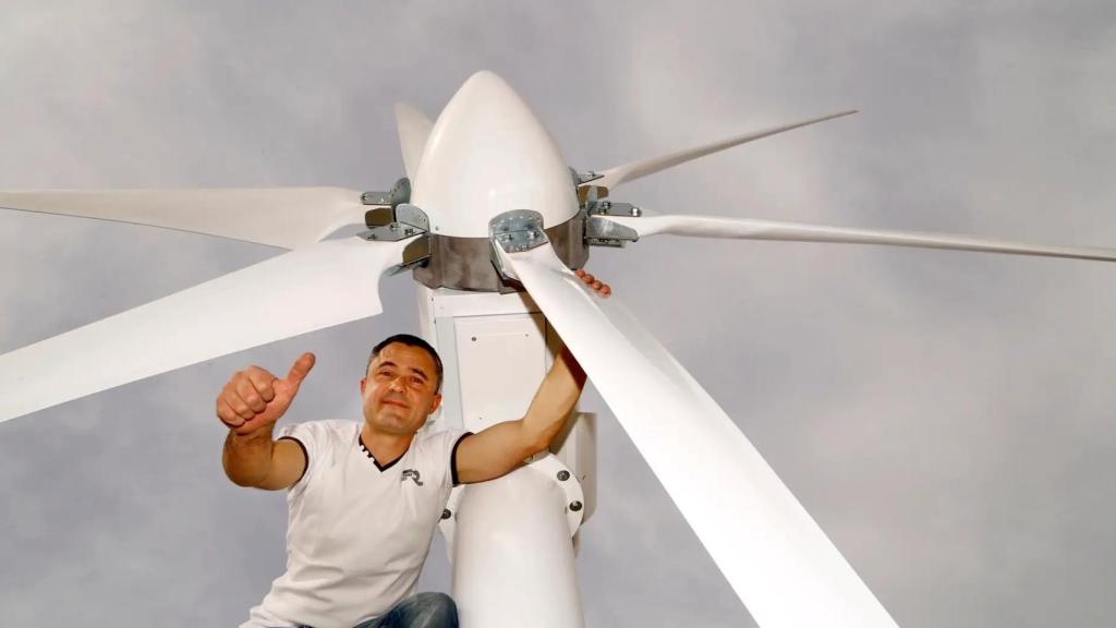 El ingeniero francés Christophe Martínez con su aerogenerador.