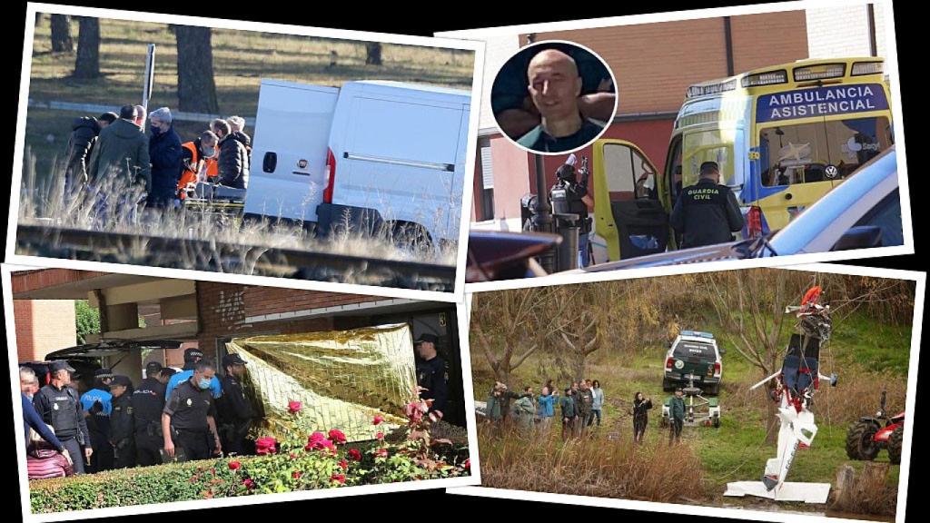 Arriba, a la izquierda: los forenses se llevan el cadáver de Esther López (Leticia Pérez / ICAL). Arriba, a la derecha, Pedro Alfonso Casado y una ambulancia en el crimen de Santovenia (Miriam Chacón / ICAL). Abajo, a la izquierda: lugar en el que se cometió el crimen machista de Palencia (Brágimo / ICAL). Abajo, a la derecha: el ultraligero en la provincia de Valladolid (R.Valtero / ICAL).