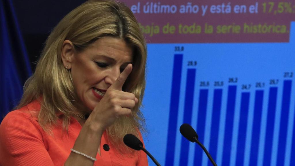 Yolanda Díaz, vicepresidenta segunda y ministra de Trabajo, durante el balance del primer año de la reforma laboral.