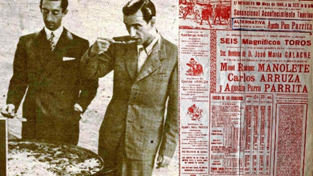 Manolete y Arruza degustando una paella (de la concordia) entes de la corrida de Valencia, en la alternativa de Parrita. Se cortaron 12 orejas, cuatro rabos y dos patas. ¡Eran otros tiempos!