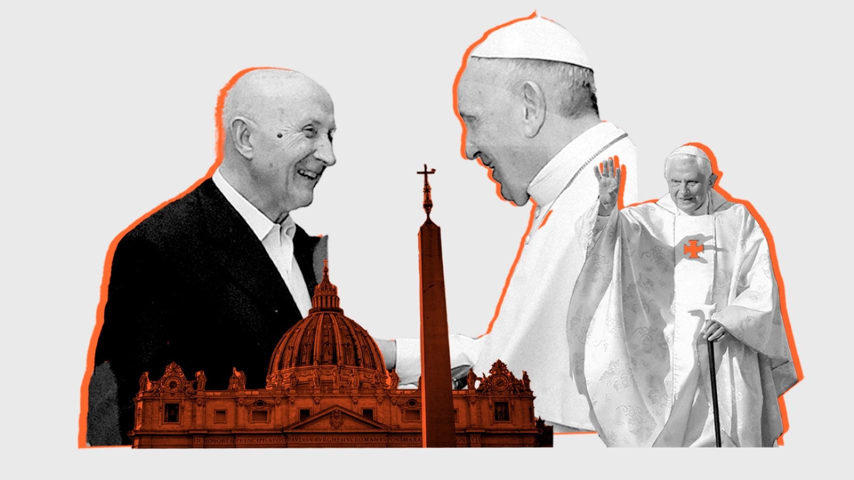 El teólogo español José María Castillo, el papa Francisco y el papa emérito Benedicto XVI, en el Vaticano.