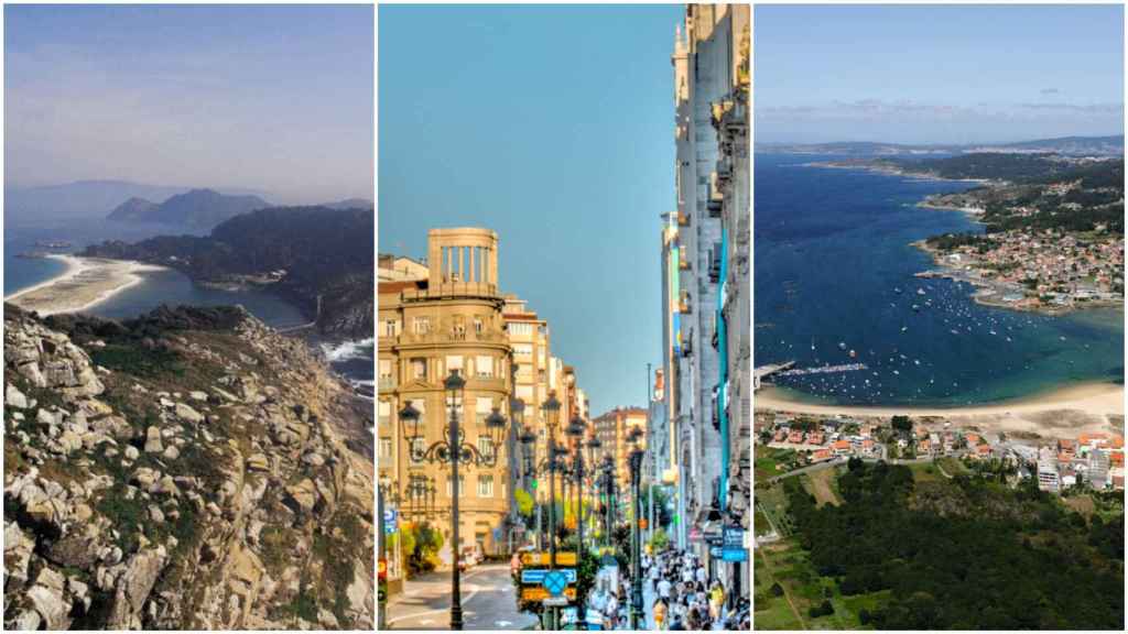 Vista de las islas Cíes, la calle Urzaiz de Vigo y la ría de Aldán.