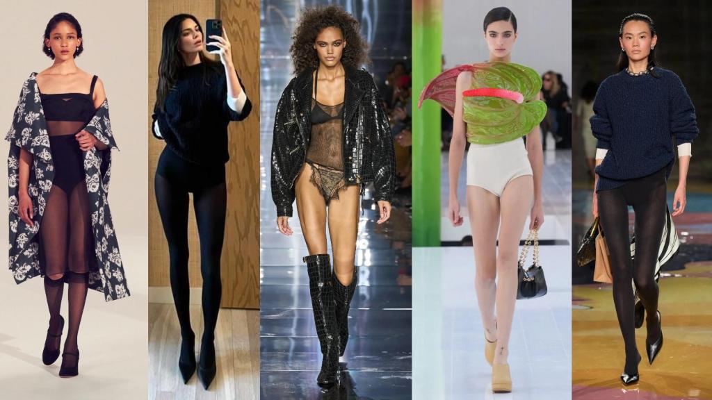 De izda. a dcha., modelo de Emilia Wickstead, Tom Ford, Loewe y Bottega Veneta. Y  Kendall Jenner con este último.