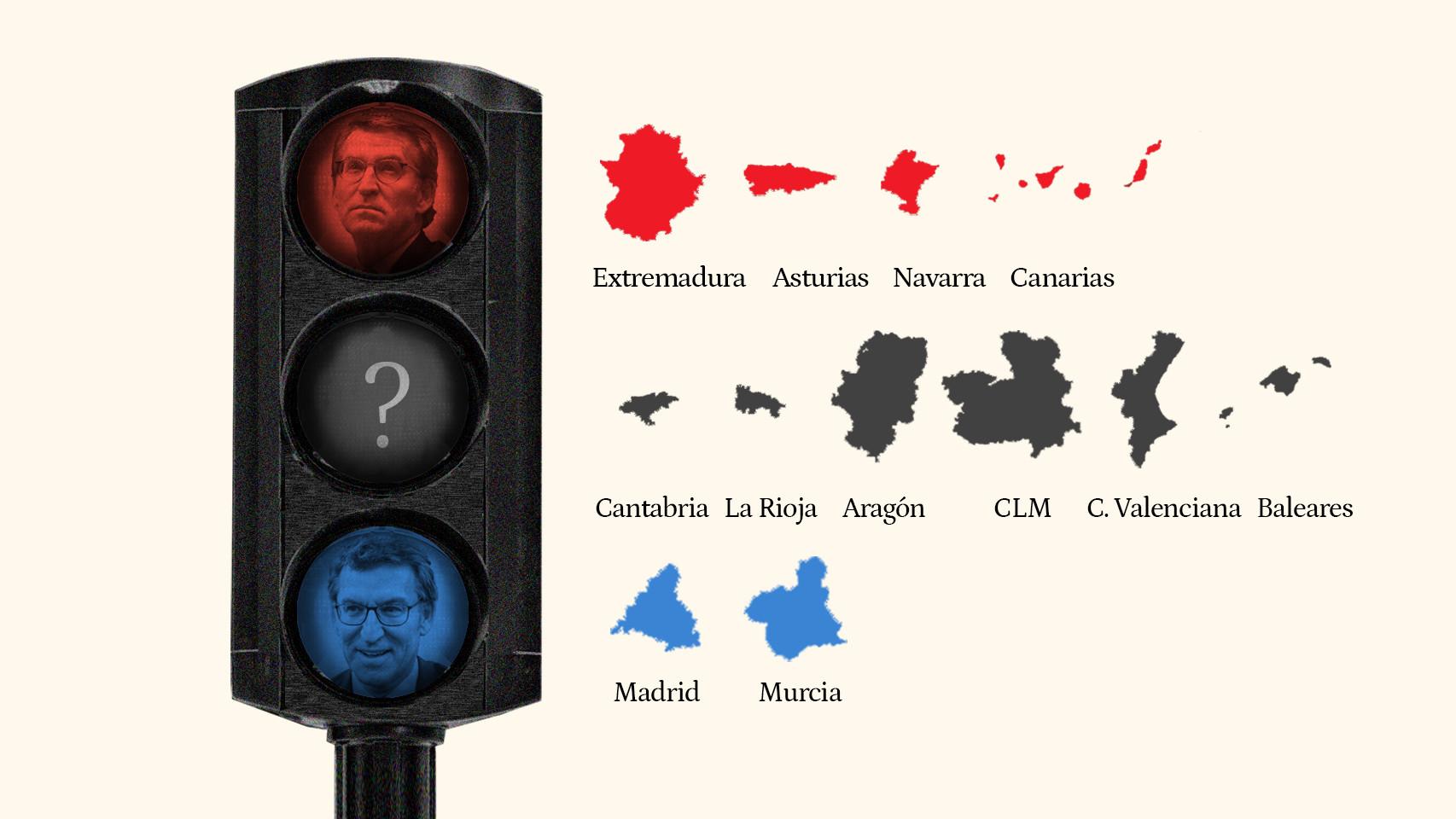 El semáforo de Feijóo para el 28-M: 4 regiones en juego y 5 'misiones imposibles' para teñir España de azul