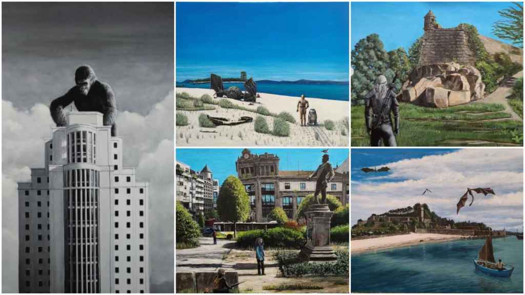 Varias obras de Anxo Guiances con personajes del cine en un Vigo postapocalíptico.