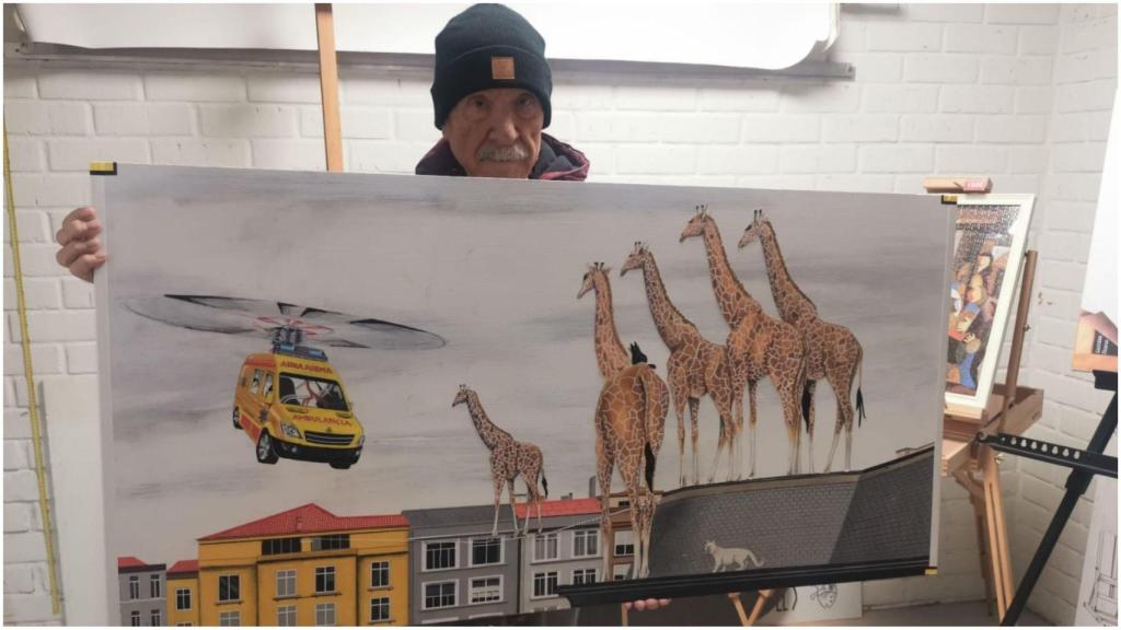 Vicente y una de sus obras de ‘A Coruña imposible’.