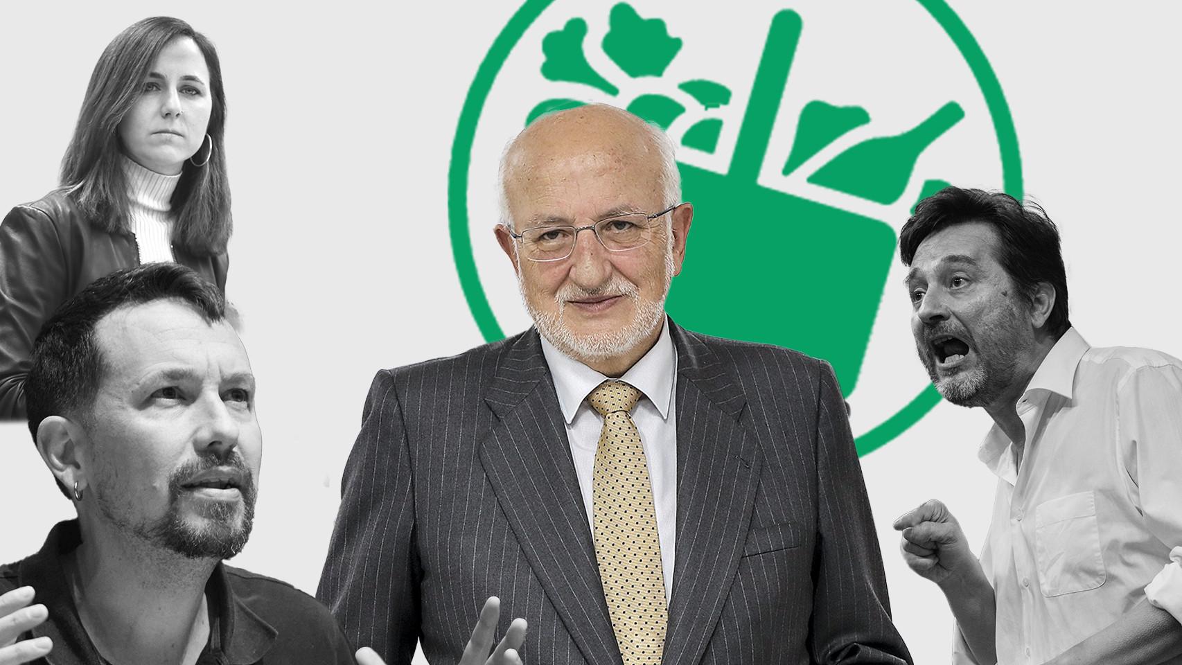 Ilustración en la que aparecen el presidente de Mercadona, Juan Roig; la secretaria general de Unidas Podemos, Ione Belarra, el Secretario de Horizonte Republicano de Unidas Podemos, Rafa Mayoral, y el fundador de Podemos, Pablo Iglesias.