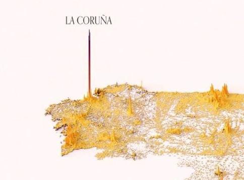 Vista en detalle de la densidad de la ciudad de A Coruña en comparación con el resto de Galicia
