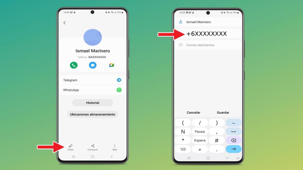 Los ajustes para cambiar el número de un contacto en Android.