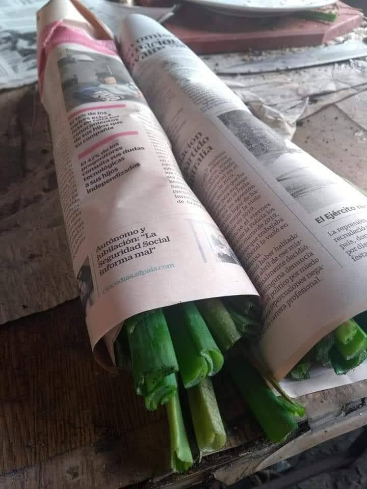 Los calçots se preparan envueltos en papel de periódico. Foto: cedida