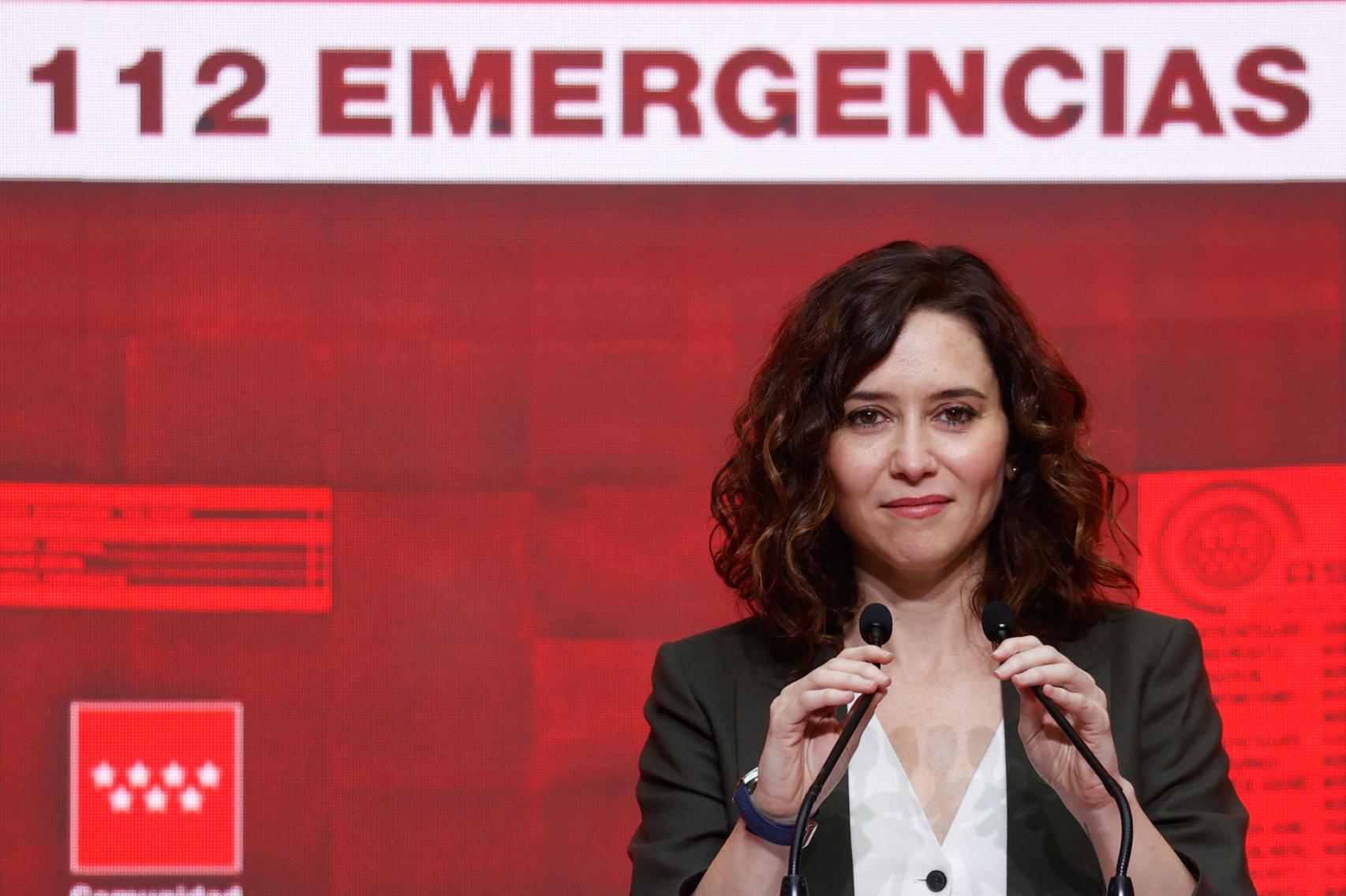 La presidenta de la Comunidad de Madrid, Isabel Díaz Ayuso, durante el acto de conmemoración del XXV aniversario de la creación del Centro de Emergencias Madrid 112.