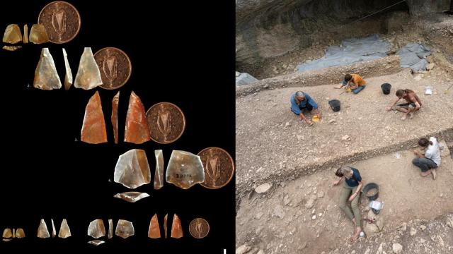 Varias de las puntas neronianas de diferentes tamaños halladas en la cueva de Mandrin y excavaciones en el sitio. Foto: Philippe Psaila, Laure Metz y Ludovic Slimak
