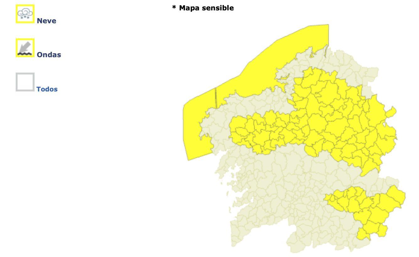 Zonas con aviso amarillo por nieve u oleaje