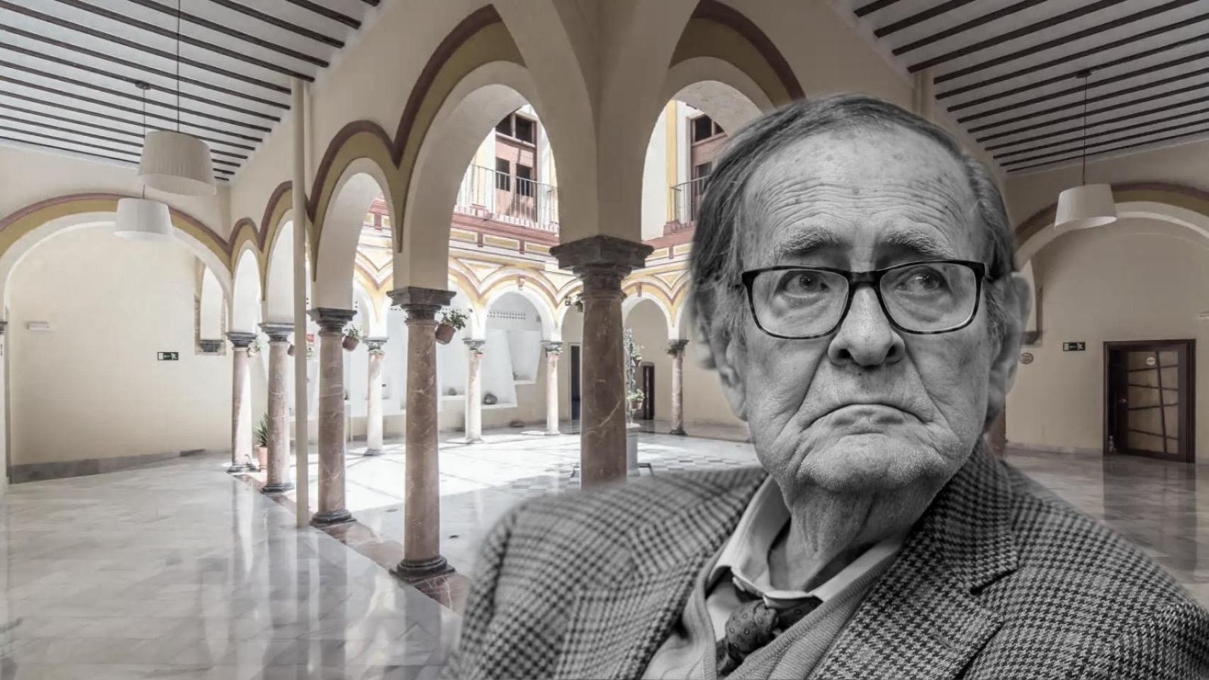 Imagen de Ramón Tamames sobre una fotografía actual del patio del Hotel Palacio Marqués de Arizón.