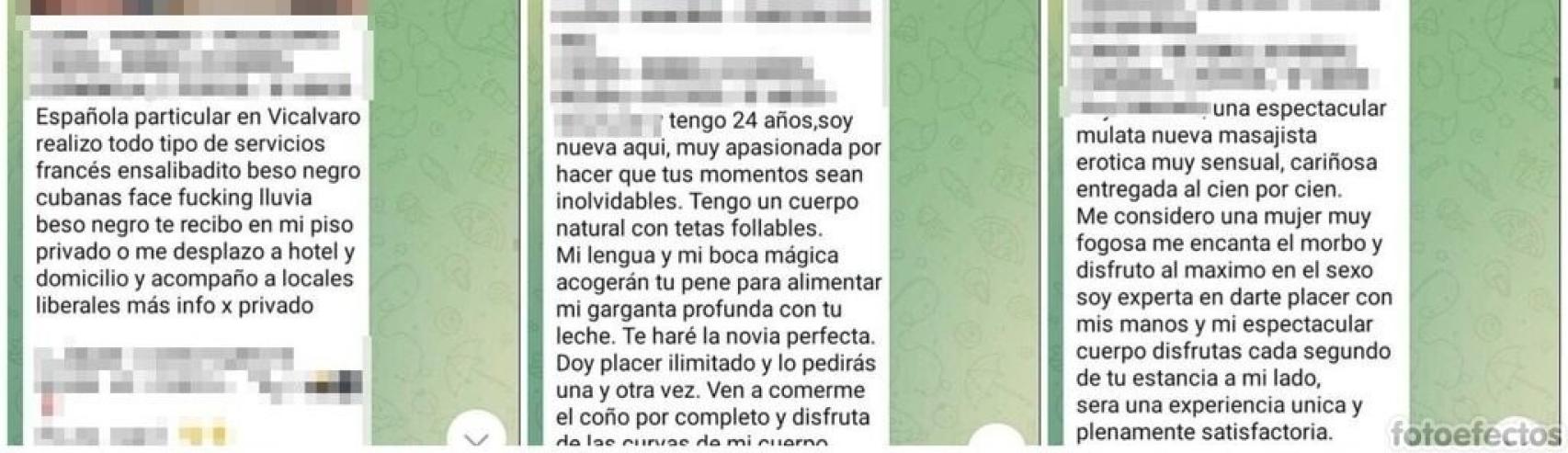 Tres trabajadoras sexuales anunciando sus servicios por Telegram.