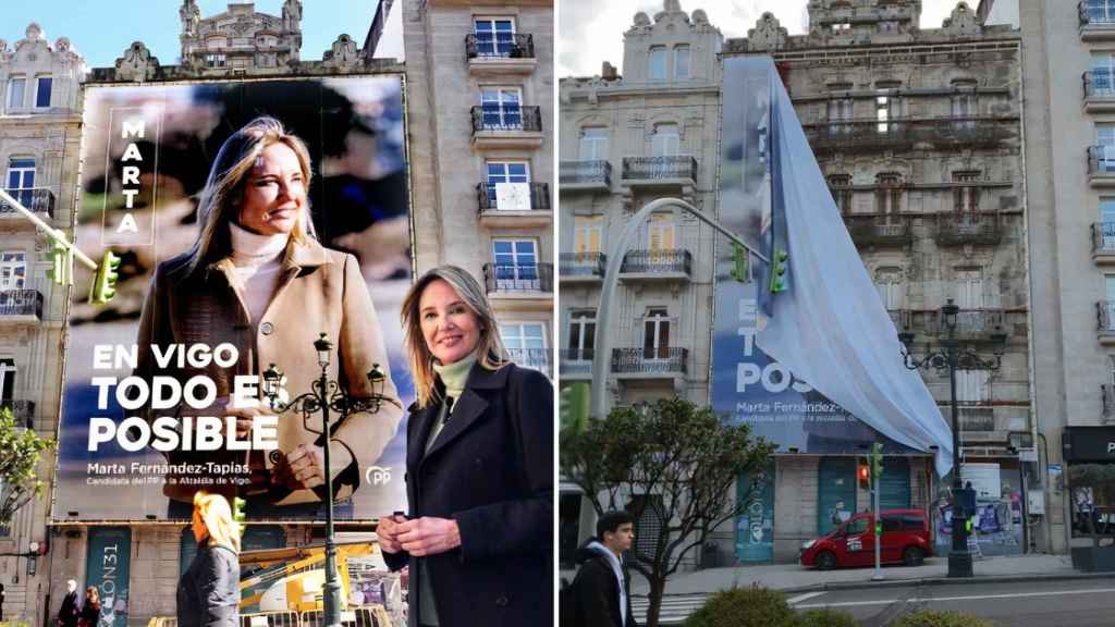 La lona el día de su colocación y hoy mientras estaba siendo retirada.