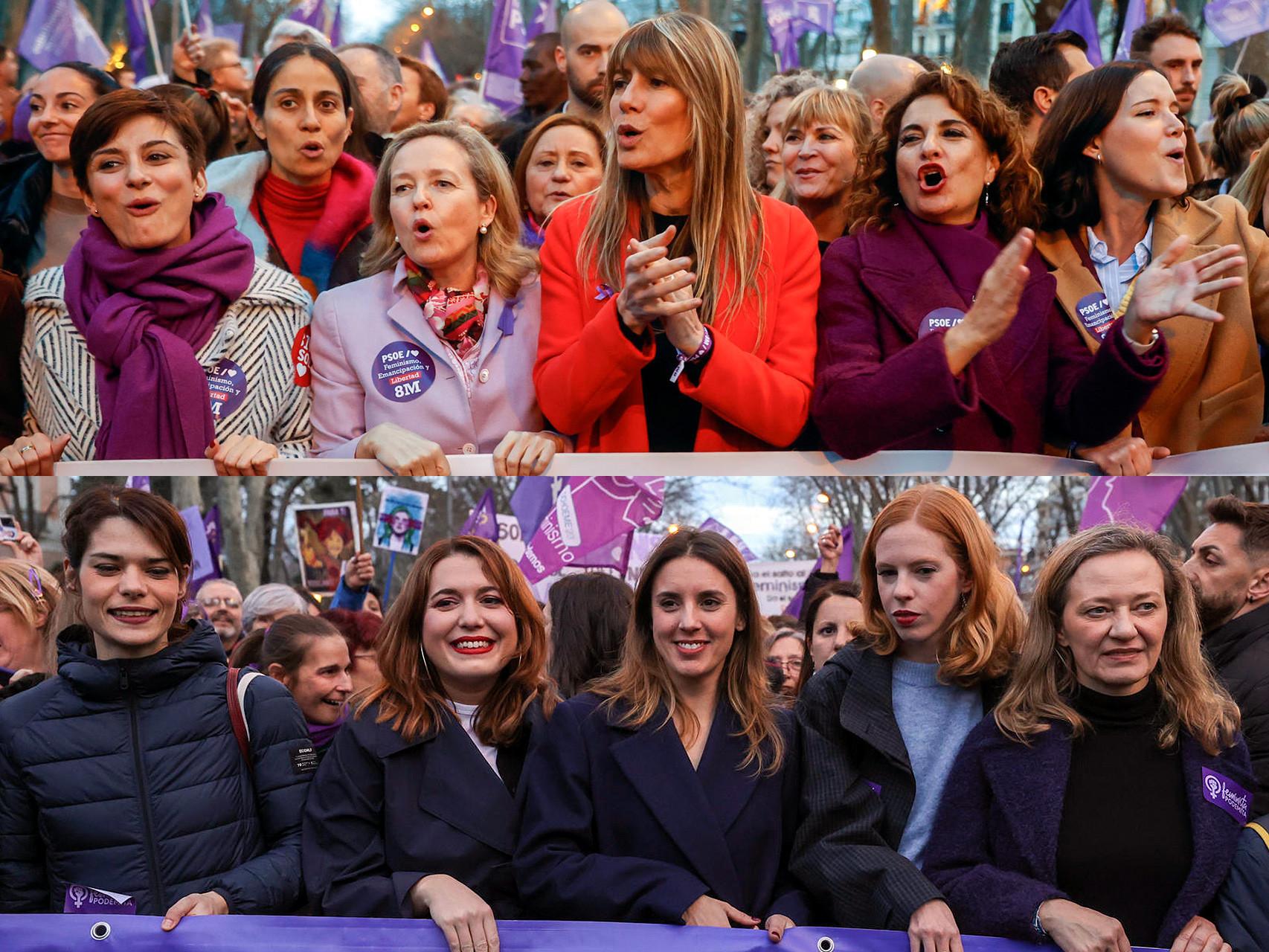 Arriba: Isabel Rodríguez, Nadia Calviño, Begoña Gómez, María Jesús Montero y Andrea Fernández. Abajo: Isa Serra, Ángela Rodríguez Pam, Irene Montero, Lilith Verstrynge y Victoria Rosell.