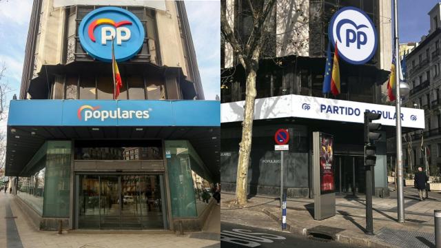 La sede del PP, como estaba hasta ahora (a la izquierda), y una figuración de cómo lucirá a partir del lunes.