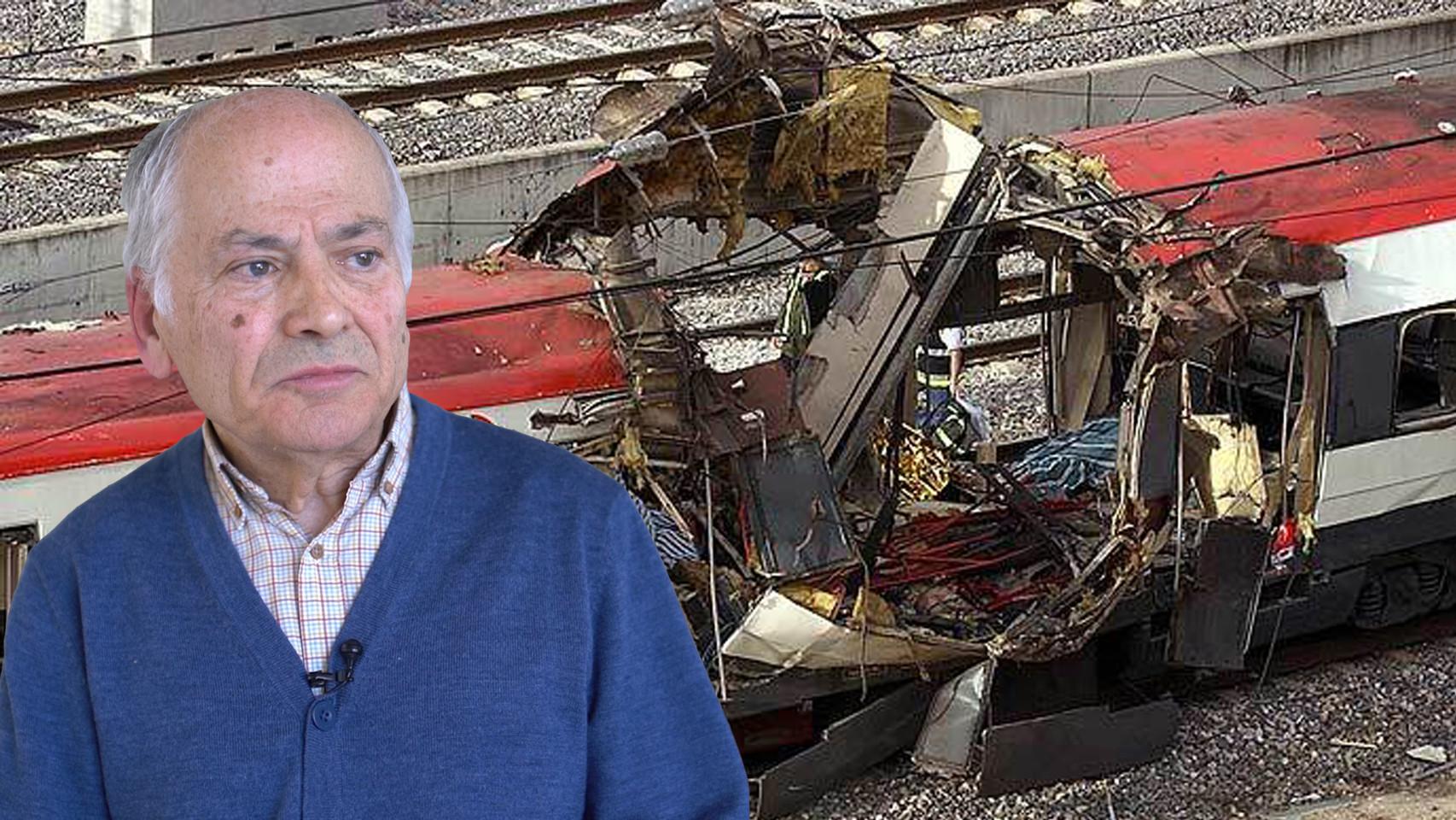 Carlos Sánchez de Roda, ingeniero y autor del libro 'Los trenes del 11-M. Las pericias necesarias', sobre una foto de los atentados.