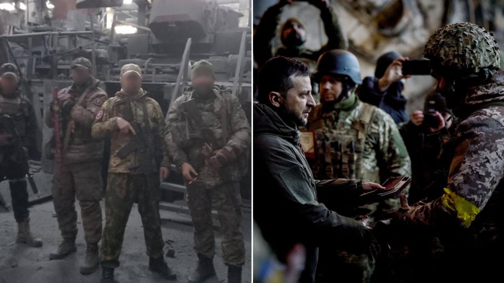A la izquierda, mercenarios del Grupo Wagner en Azom. Y a la derecha, Zelenski condecorando a sus soldados.