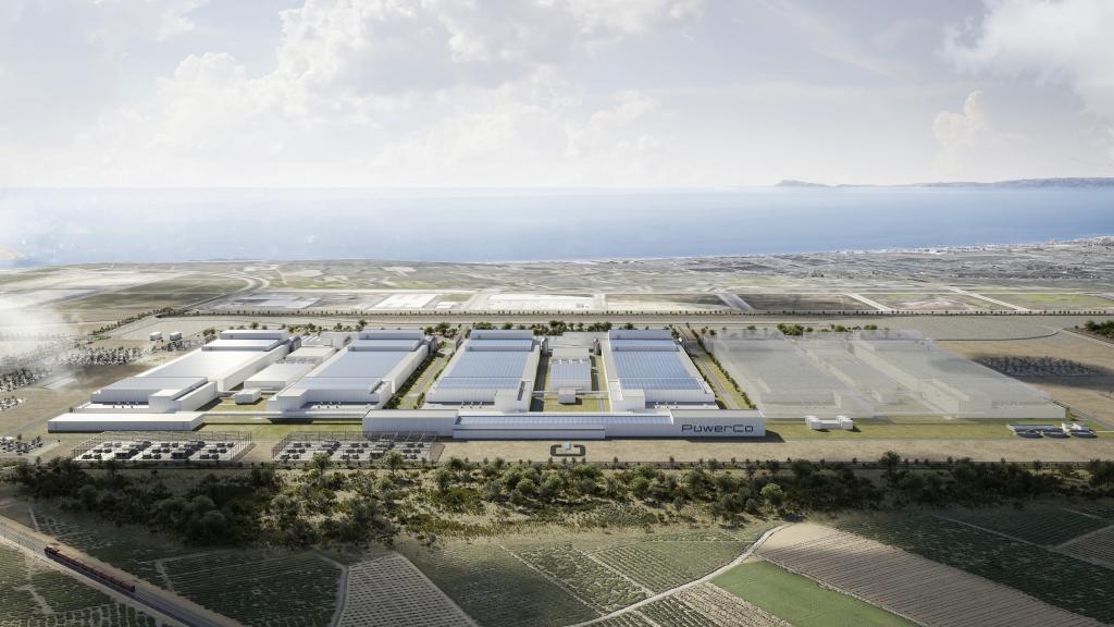 Figuración de la gigafactoría de PowerCo (Volkswagen) en Sagunto, con la ampliación difuminada a la derecha. EE