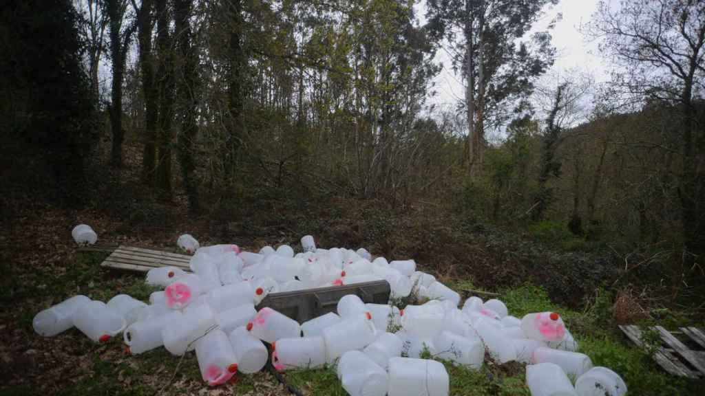 Recipientes vacíos del laboratorio de cocaína en Cerdedo-Cotobade.
