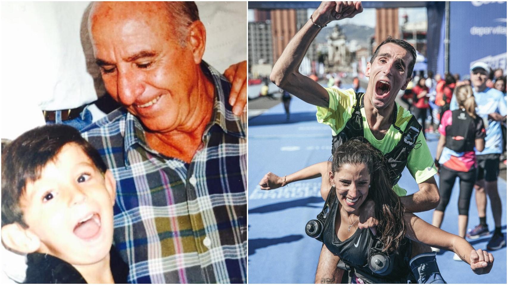 A la izquierda, Alex de pequeño con su abuelo recientemente fallecido. A la derecha, Alex tras cruzar la línea de meta en la Maratón de Barcelona 2023.
