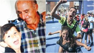 A la izquierda, Alex Roca junto a su abuelo recientemente fallecido. A la derecha, cruzando la línea de meta de la Maratón de Barcelona.