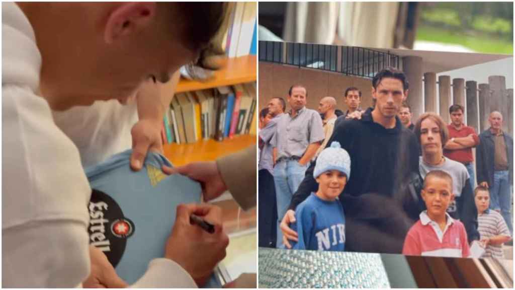 Gabri Veiga firmándole una camiseta del Celta a C. Tangana y una foto de pequeño con Mostovoi que ha compartido en sus redes.