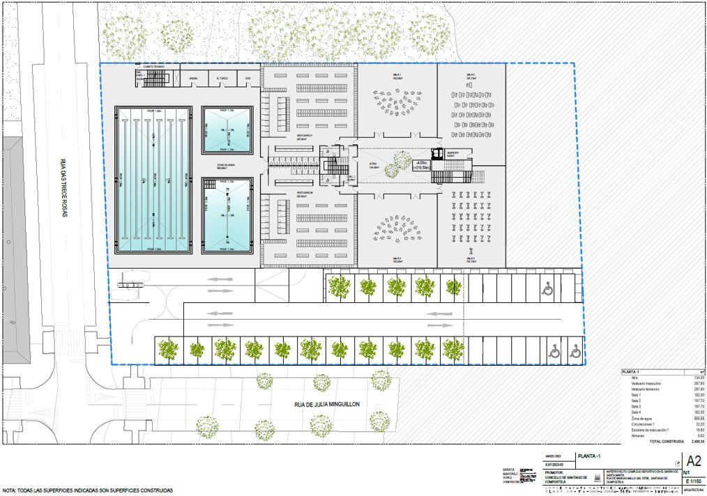 Plano de la zona de piscinas en el complejo deportivo de Santa Marta