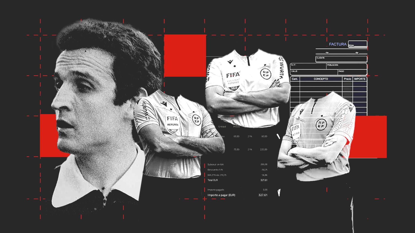 Enríquez Negreira y varios árbitros de fútbol en un fotomontaje