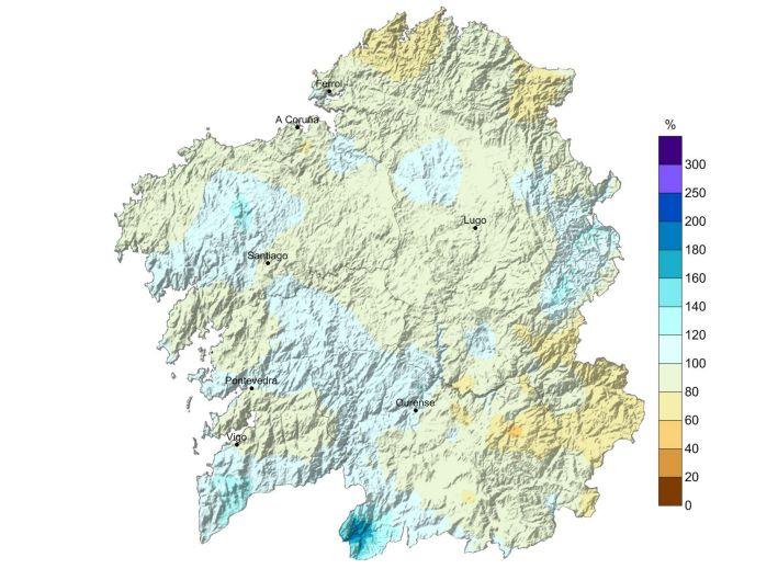 Porcentaje de precipitación acumulada con respecto a la media climática en 2022. Fuente: MeteoGalicia