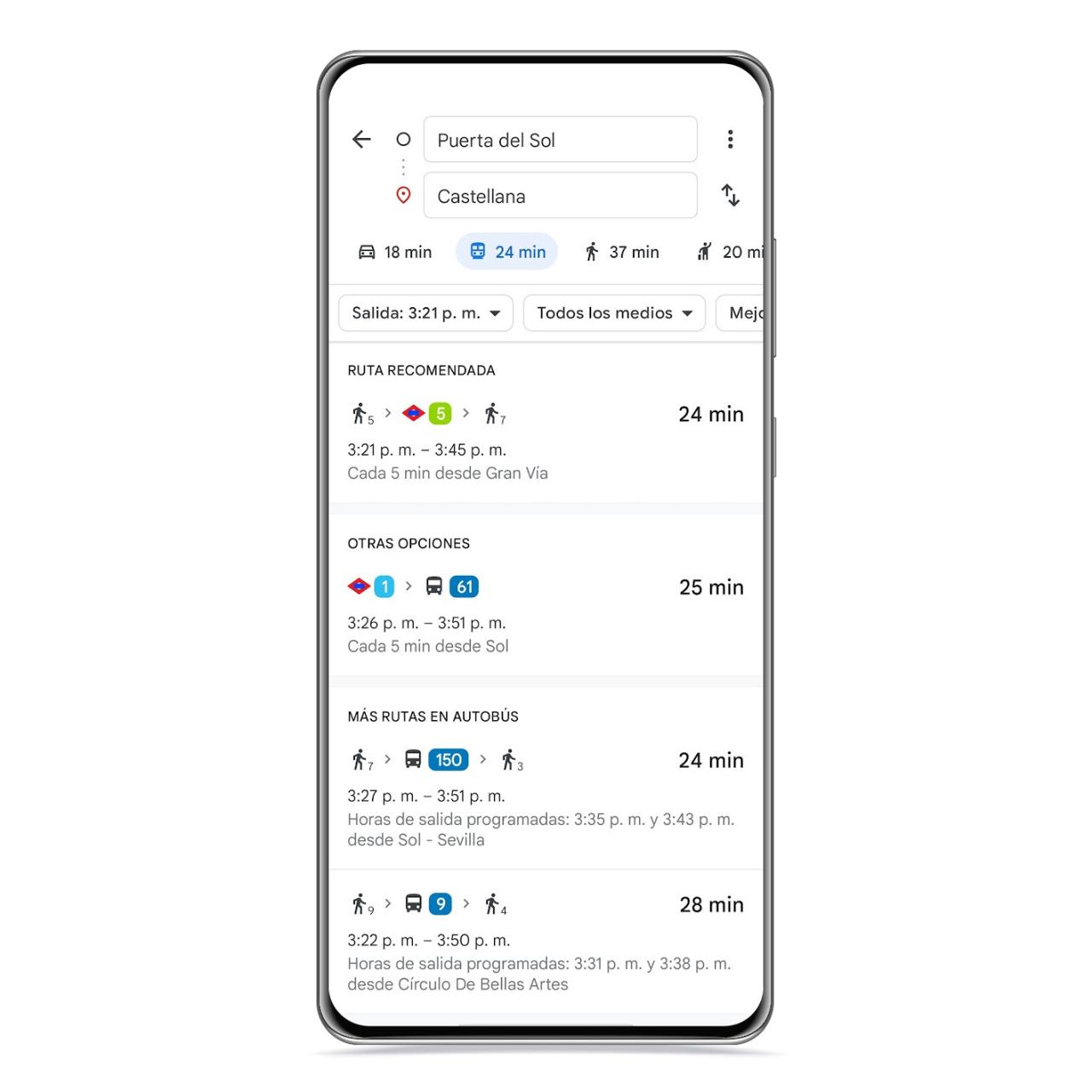 Rutas en transporte público en Google Maps