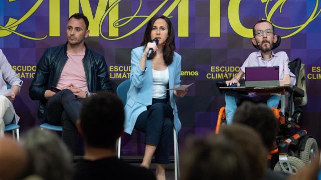 Roberto Sotomayor, Ione Belarra y Pablo Echenique, durante el acto 'Escudo Climático', en Madrid, este viernes.