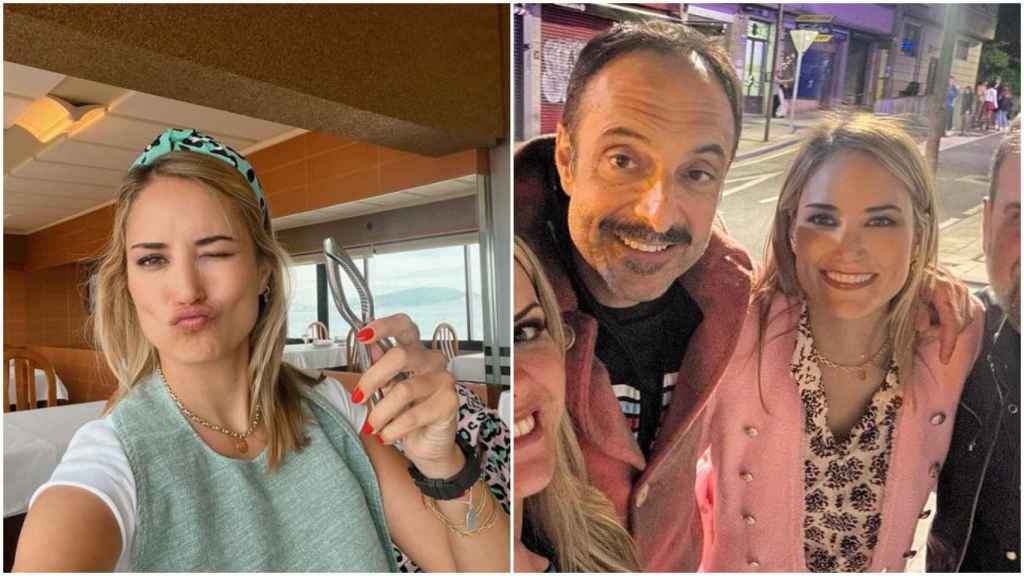 Alba Carrillo posa con unas pinzas de marisco y con Roberto Vilar
