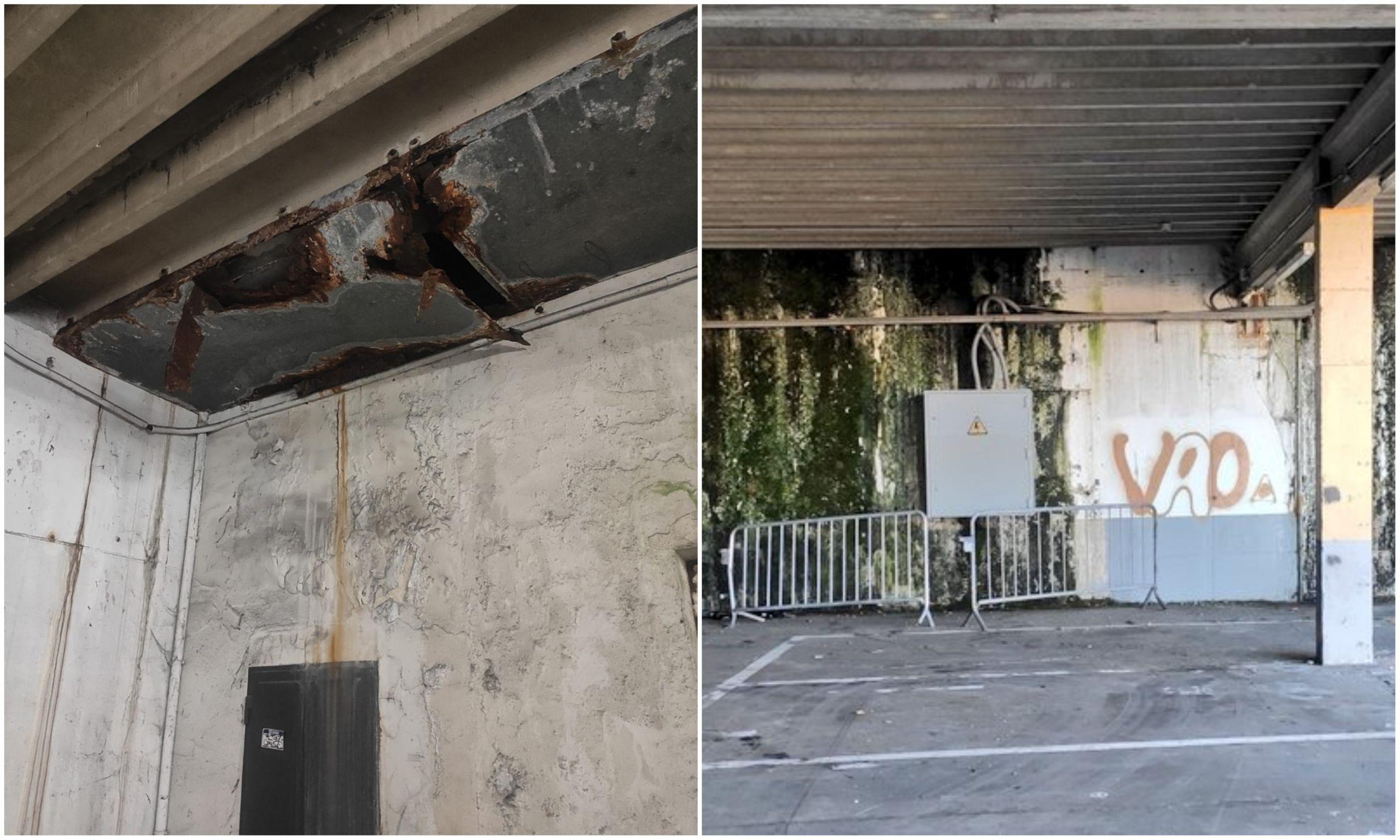 Estado del techo bajo el ascensor y la pared con el cuadro eléctrico