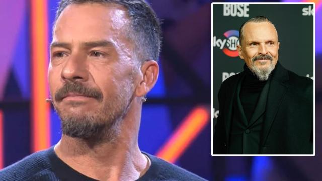 El escultor Nacho Palau junto a su expareja, Miguel Bosé, en un montaje de EL ESPAÑOL.