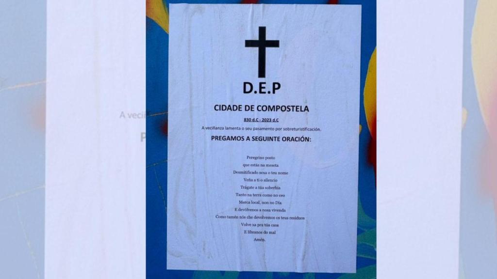 Esquela encontrada en las calles de Santiago de Compostela anunciando la defunción de la ciudad