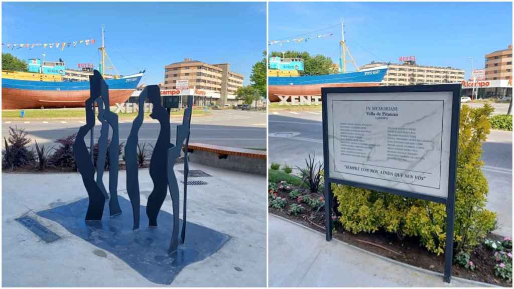 A la izquierda, la escultura, a la derecha, la placa en homenaje al Pitanxo.