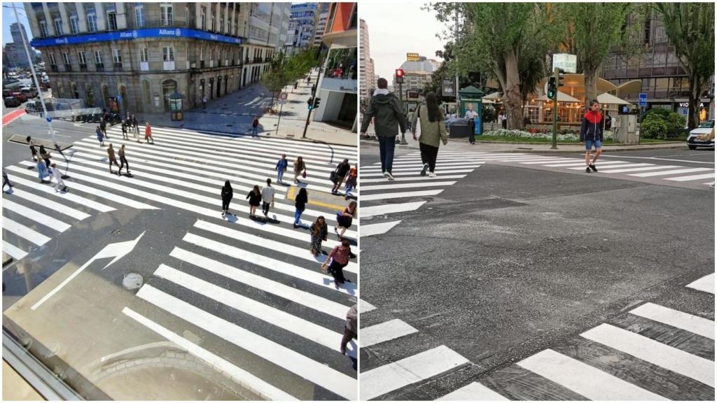 El paso de peatones en forma de U de la Plaza de Mina (foto: EloyTP) y el de la plaza de Ourense (foto: Quincemil)