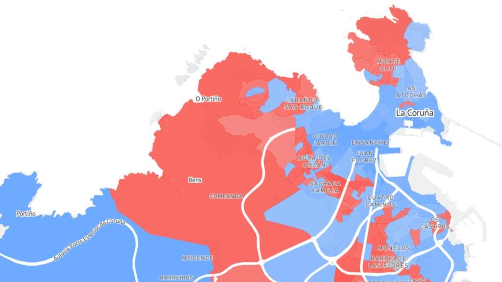 Fuerzas más votadas por sección censal en A Coruña y parte de Arteixo