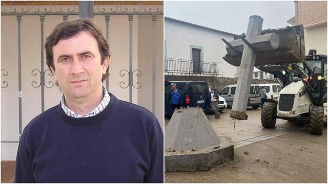 A la izquierda, el socialista Jaime Díaz, en una imagen de 2015. A la derecha, la retirada de la cruz.