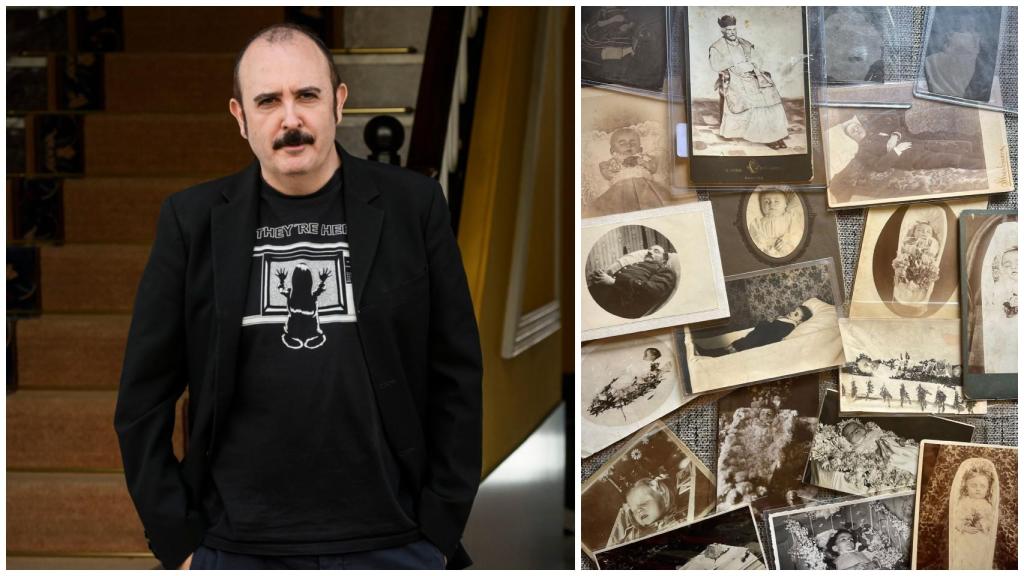 A la izquierda, el actor y cantante Carlos Areces y, a la derecha, su colección de fotos de muertos.
