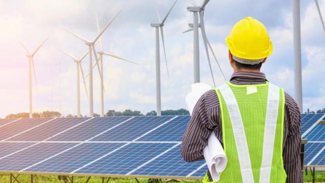 Un trabajador mira un parque eólico y uno fotovoltaico.