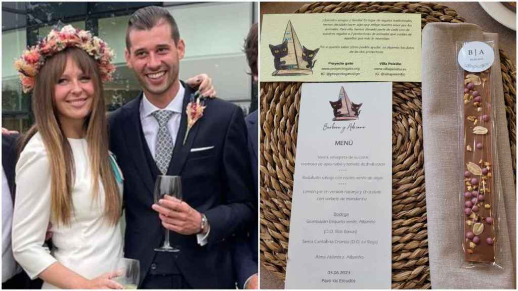 Adriano y Barbora durante su boda, celebrada en Vigo y, a la derecha, el menú con el mensaje solidario.