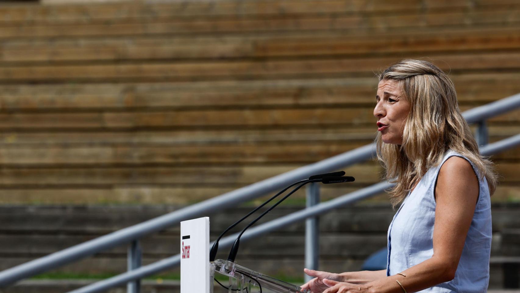 La líder de Sumar, Yolanda Díaz, este miércoles durante la presentación de sus cabezas de lista.