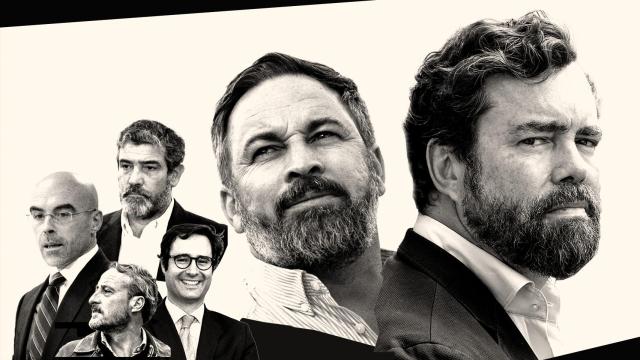 De izquierda a derecha: Jorge Buxadé, Kiko Méndez-Monasterio, Enrique Cabanas, Ignacio de las Hoces, Santiago Abascal e Iván Espinosa de los Monteros.