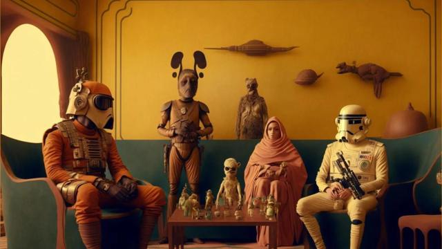 Imagen creada por la inteligencia artificial de los personajes de Star Wars en una obra de Wes Anderson