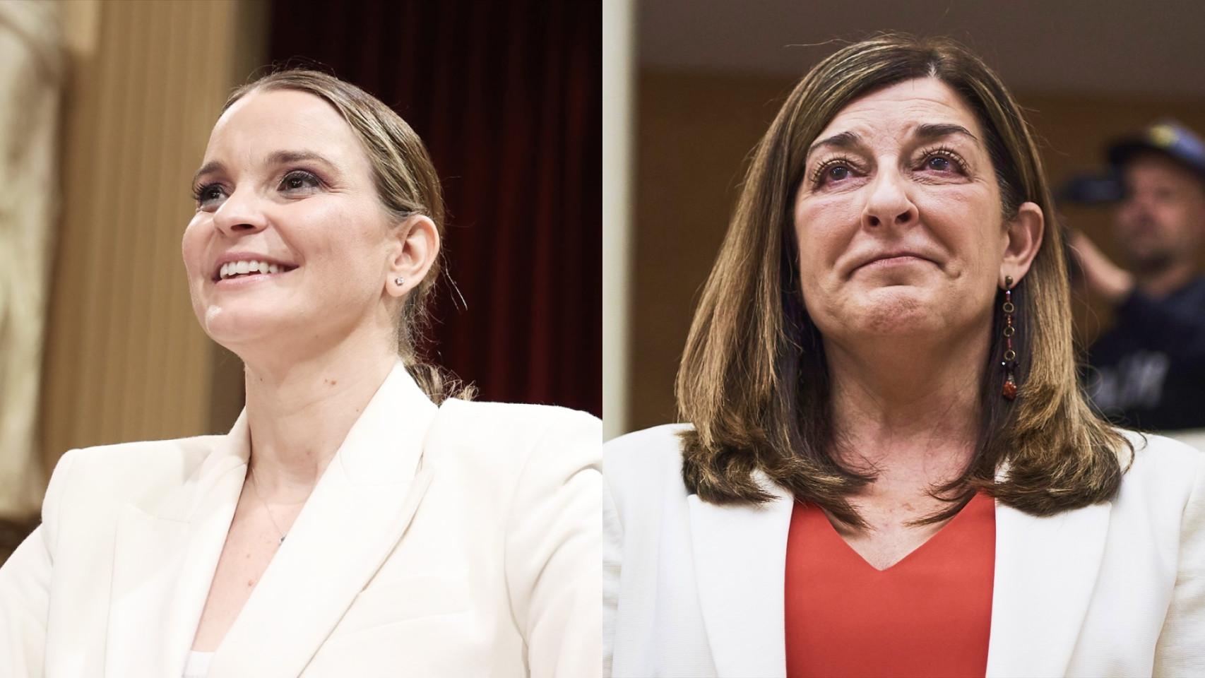 Marga Prohens y María José Sáenz de Buruaga, durante sus sesiones de investidura, este lunes en el Parlament Balear y en el Parlamento de Cantabria, respectivamente.