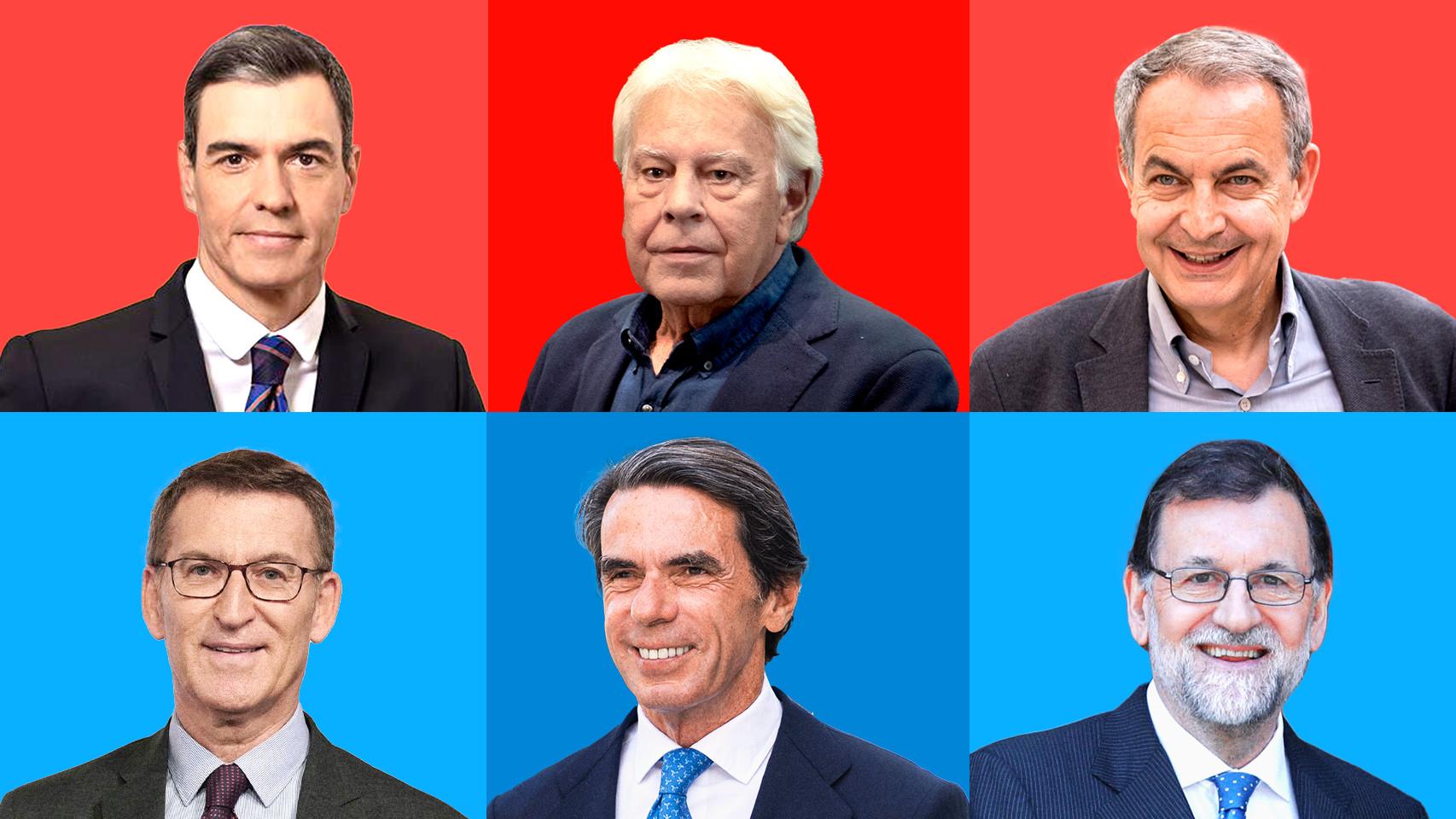 Sánchez y Feijóo, junto a los exlíderes de su partido.
